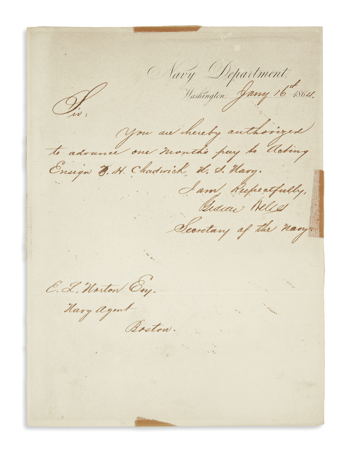 (AUTOGRAPHS.) Welles, Gideon. Letter Signed as Secretary of the Navy, with a carte-de-visite.